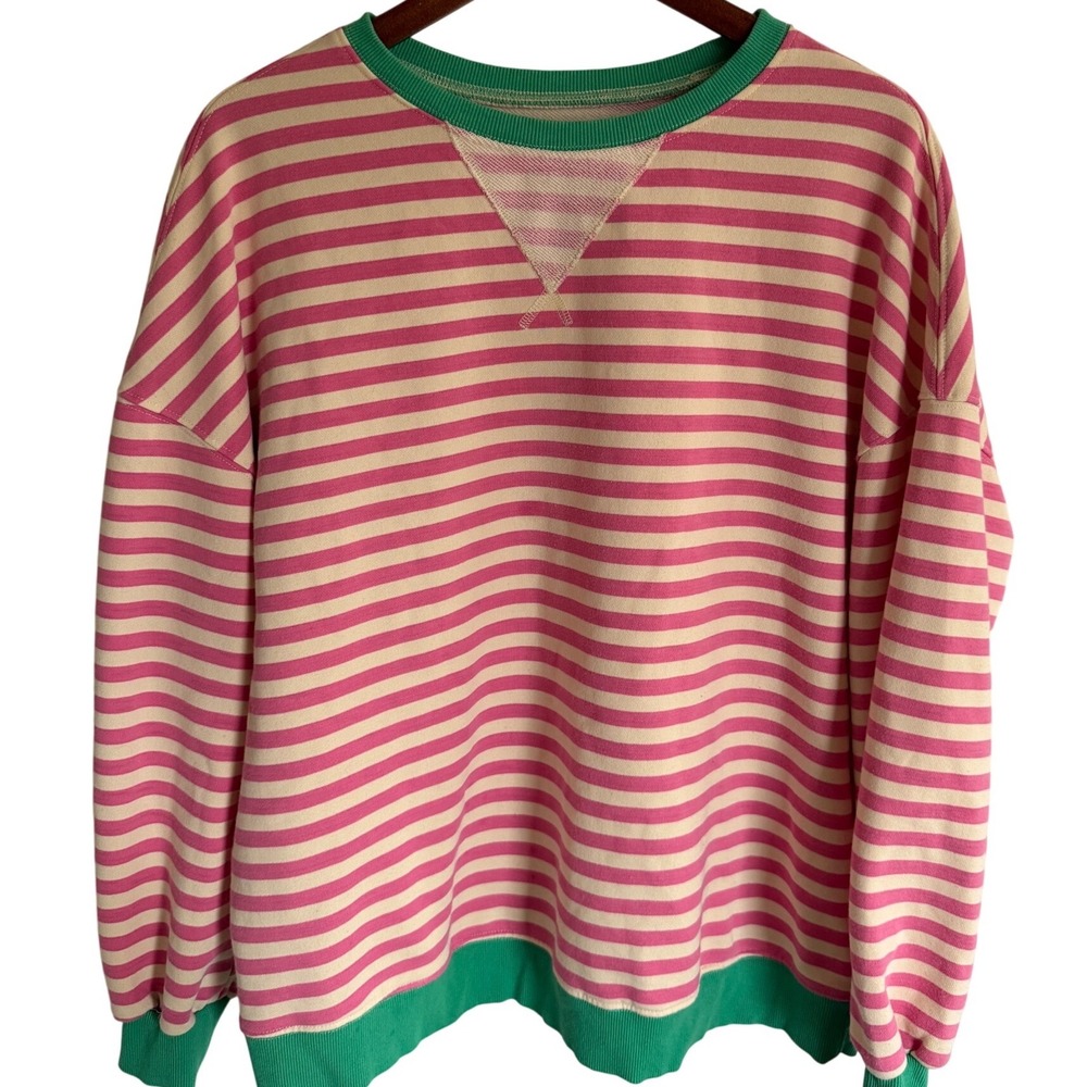 FP Style Oversized Striped Sweatshirt Pink Green Colorblock Boho Slouchy XL